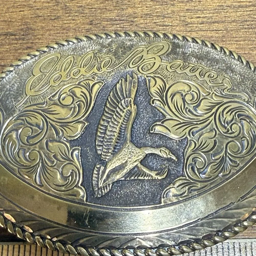 Eddie Bauer Solid Brass Belt Buckle Goose Duck Hunting Blank Engraving Banner